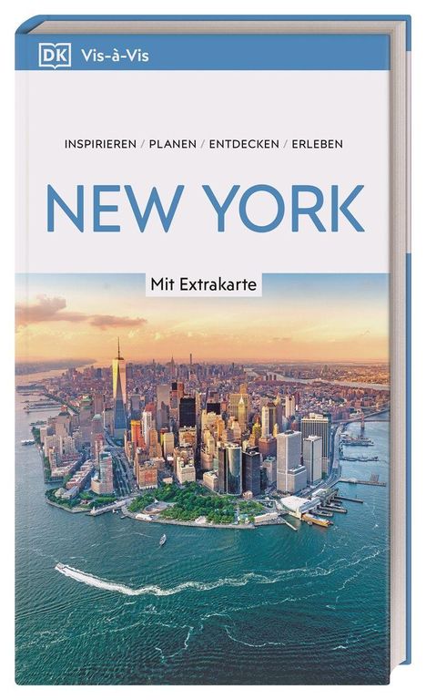 „NEW YORK“ und „Mit Extrakarte“ auf einem Buchcover mit Stadtansicht und Wasser im Vordergrund.