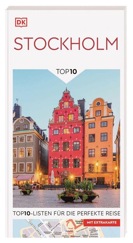 STOCKHOLM, TOP 10, TOP10-LISTEN FÜR DIE PERFEKTE REISE, MIT EXTRAKARTE. Illustration von bunten Gebäuden in einer Stadt.