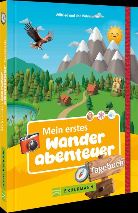 Titel: "Mein erstes Wanderabenteuer - Tagebuch". Ein Adler fliegt über eine Landschaft mit Bäumen, Bergen und einem lachenden Sonnengesicht.