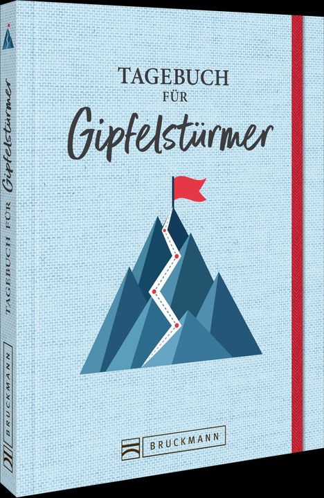 "TAGEBUCH FÜR Gipfelstürmer" steht vorne. Illustration: Berg mit Pfad und roter Flagge oben.