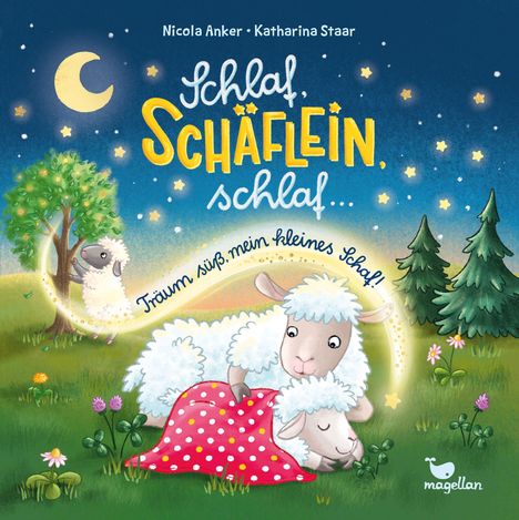 "Schlaf, Schäflein, schlaf..." Zwei Schafe in einer nächtlichen Landschaft mit Bäumen, Mond und Sternen.