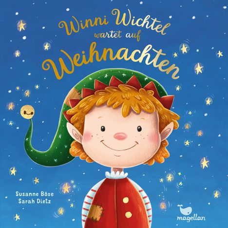 „Winni Wichtel wartet auf Weihnachten“. Ein fröhlicher Wichtel mit rotem Haar, einem grünen Hut und vielen Sternen um ihn herum.