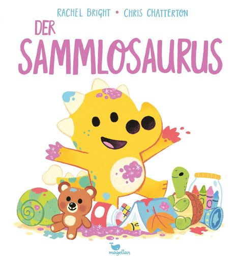 Text: "Der Sammelosaurus". Illustration: Ein fröhlicher, gelber Dinosaurier mit Spielsachen, einem Teddybär und einer Schildkröte.