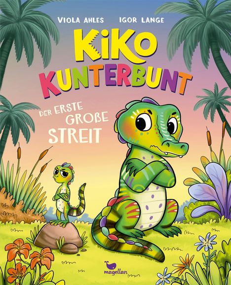 Der Text lautet: "VIOLA AHLES IGOR LANGE KIKO KUNTERBUNT DER ERSTE GROßE STREIT". Zwei bunte Echsen sehen verärgert aus.