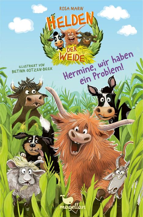 Texte: „HELDEN DER WEIDE“, „Hermine, wir haben ein Problem!“, „ILLUSTRIERT VON BETINA GOTZEN-BEEK“. 

Illustration: Verschiedene Tiere schauen überrascht zwischen hohem Gras hervor.