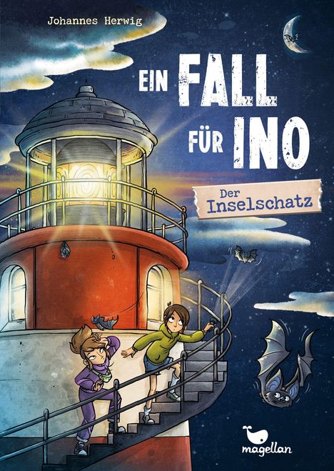 Titel: "Ein Fall für Ino - Der Inselschatz." Zwei Kinder auf einem Leuchtturm, Fledermäuse fliegen. Logo mit Wal.