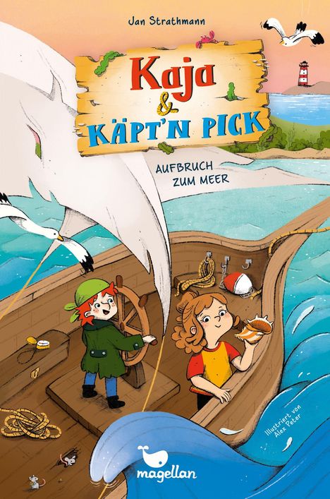 Text: „Kaja & Käpt’n Pick: Aufbruch zum Meer“. Illustration: Kinder auf einem Boot, Möwen, Leuchtturm im Hintergrund. Magellan-Logo unten.