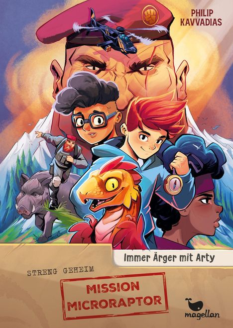 Texte: "Immer Ärger mit Arty", "STRENG GEHEIM", "MISSION MICRORAPTOR". Illustration von Abenteurern, einem Dinosaurier und einem General.