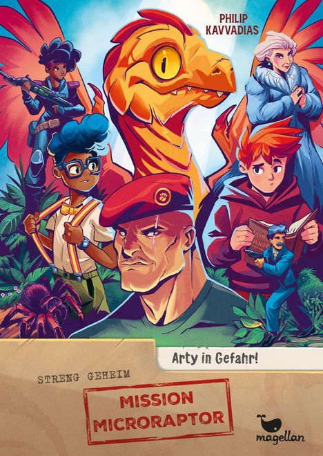 „Mission Microraptor“, „Arty in Gefahr!“, ist eine bunte Illustration mit Helden, Dinosaurier und mysteriösem Agenten.