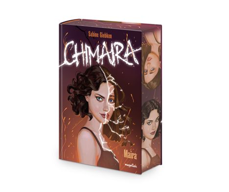 "Sabine Giebken, CHIMARA, Maira." Illustration einer Frau mit braunen Haaren, umgeben von leuchtenden Rissen.