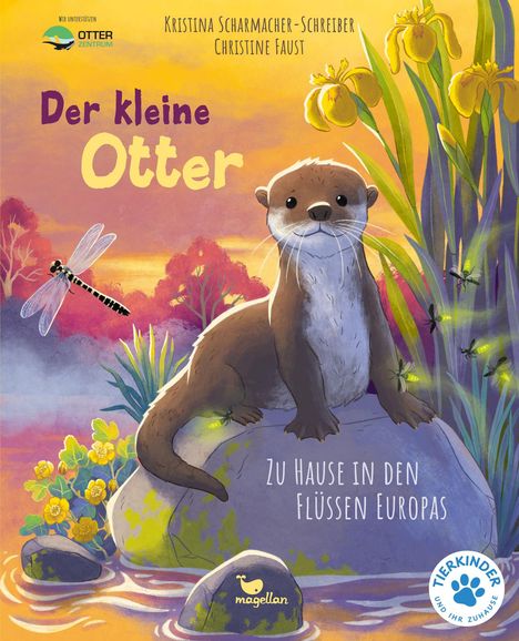 „Der kleine Otter“, „Zu Hause in den Flüssen Europas“. Ein Otter sitzt auf einem Felsen, umgeben von Blumen und Libellen.