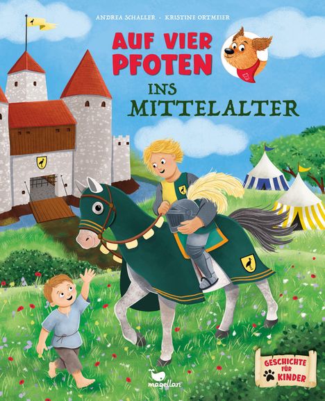 "Auf vier Pfoten ins Mittelalter" steht groß oben. Ein Junge reitet auf einem Pferd vor einer Burg, ein anderer Junge winkt.