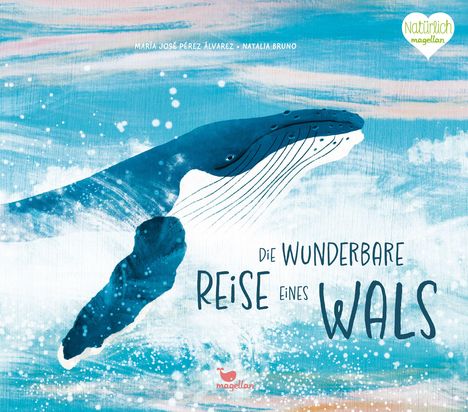 „Die wunderbare Reise eines Wals“. Illustration eines Wals im Ozean, Magellan-Logo oben rechts.