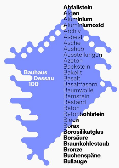 Weiße und schwarze Texte auf violettem Hintergrund: "Bauhaus Dessau 100" und eine Liste verschiedener Materialien.
