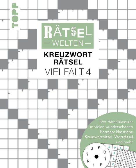 „RÄTSEL WELTEN“, „KREUZWORT RÄTSEL“, „VIELFALT 4“. Ein Kreuzworträtsel mit grauen Blöcken. Texte in grünen und weißen Kästchen.