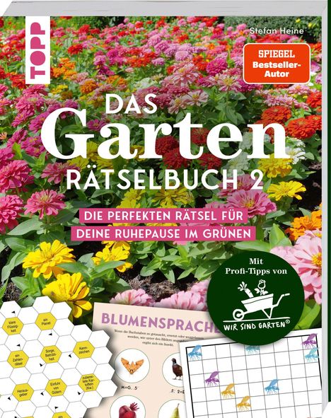 Text: "DAS Garten RÄTSELBUCH 2, DIE PERFEKTEN RÄTSEL FÜR DEINE RUHEPAUSE IM GRÜNEN." Blumengarten, Puzzle, Labyrinth.