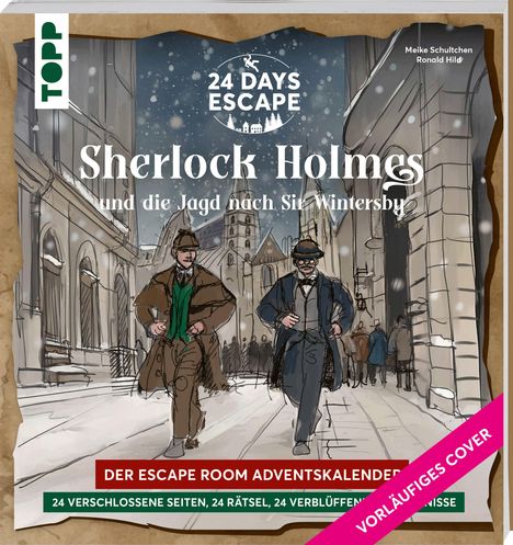 Text: Sherlock Holmes und die Jagd nach Sir Wintersby. Illustration mit Detektiven in einer verschneiten Stadtstraße.
