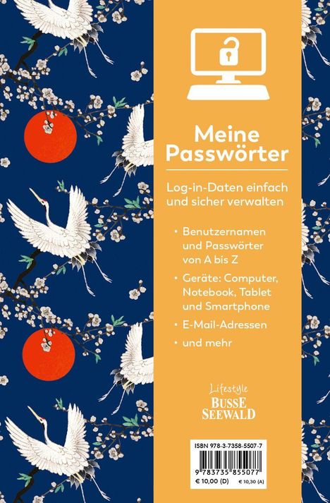 "Meine Passwörter: Log-in-Daten einfach und sicher verwalten." Links Kraniche, weißes Blütenmotiv auf blauem Hintergrund.
