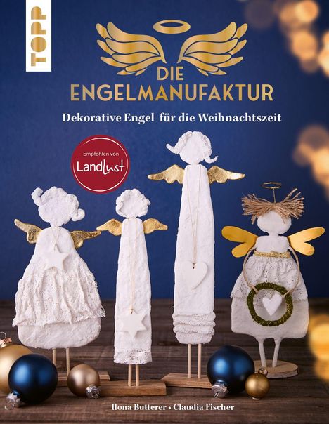"Die Engelmanufaktur. Dekorative Engel für die Weihnachtszeit." Oben Flügel-Logo, unten vier Engel aus Stoff und Holz.
