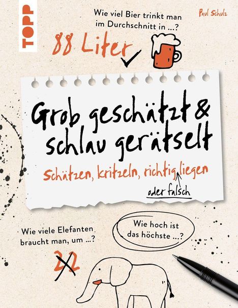 Texte: „88 Liter“, „Grob geschätzt & schlau gerätselt“, „Wie hoch ist das höchste...?“. Illustration: Elefant und Bierkrug.