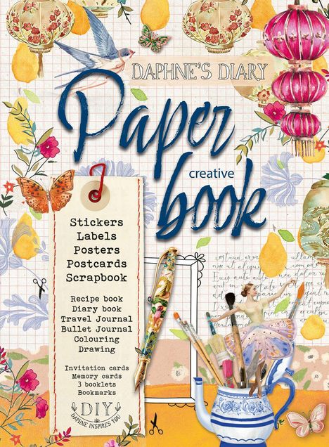 "Daphne's Diary Paper Book" in blauer Schrift, umgeben von Blumen, Schmetterlingen und Bastelmaterialien wie Stiften und Pinseln.
