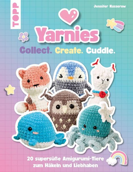 "Yarnies. Collect. Create. Cuddle." Sieben gehäkelte Tiere wie Fuchs, Pinguin und Oktopus auf kariertem Hintergrund.