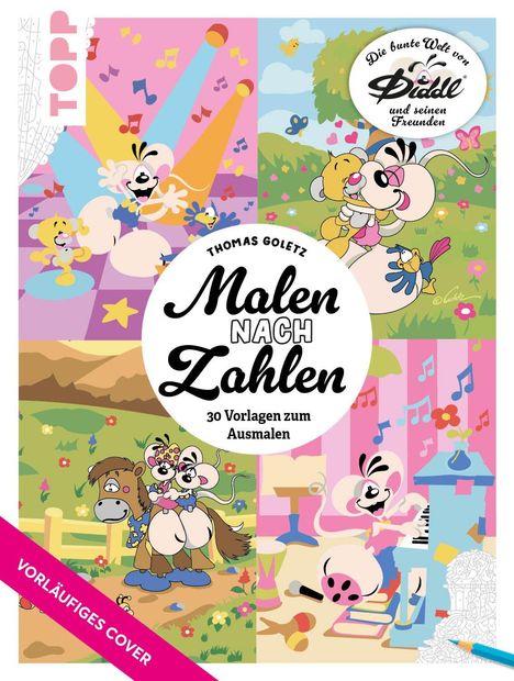 "THOMAS GOLETZ Malen nach Zahlen, 30 Vorlagen zum Ausmalen". Illustrationen von Figuren und Musikinstrumenten.