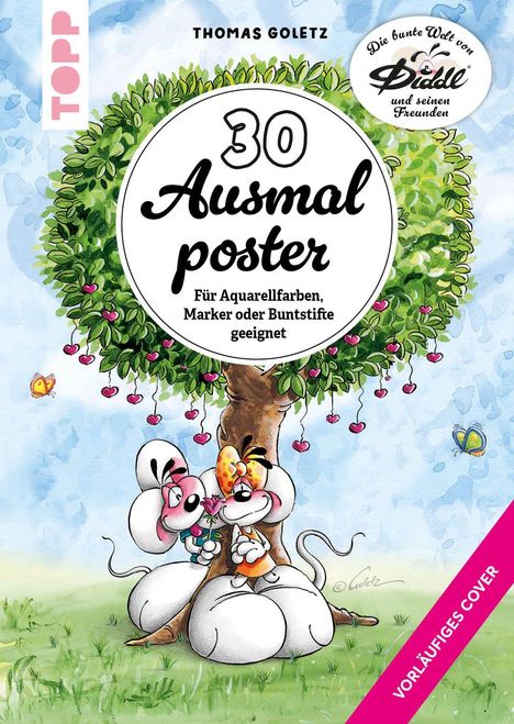 "30 Ausmalposter. Für Aquarellfarben, Marker oder Buntstifte geeignet." Zwei Mäuse unter einem Baum mit Herzblättern.