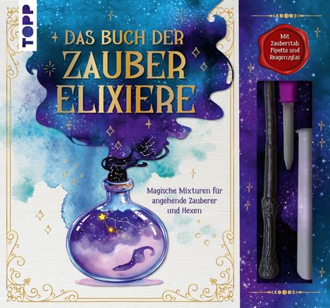 "Das Buch der Zauberelixiere" ist in goldener Schrift auf einem magischen Hintergrund. Ein Zauberstab und Reagenzglas sind dabei.