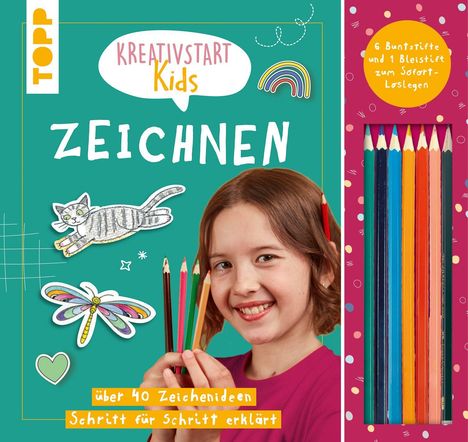 "Kreativstart Kids Zeichnen", "über 40 Zeichenideen Schritt für Schritt erklärt", "6 Buntstifte und 1 Bleistift zum Sofort-Loslegen". Illustration mit Katze, Libelle und Mädchen, das Buntstifte hält.