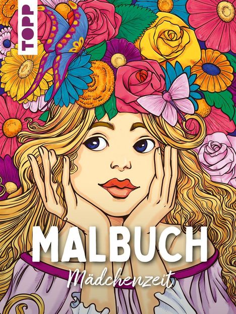 „MALBUCH Mädchenzeit“. Illustration: Mädchen mit Blumenkranz und Schmetterling.