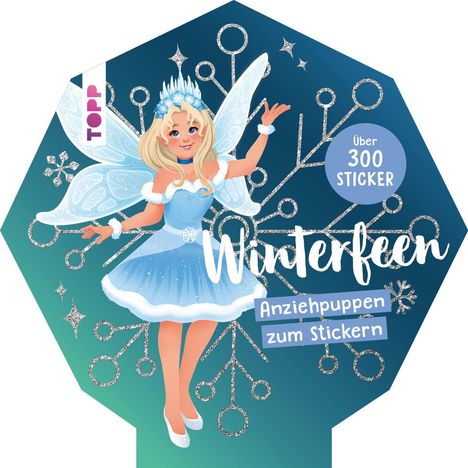 "Winterfeen, Anziehpuppen zum Stickern." Eine blonde Fee in einem blauen Kleid mit Flügeln vor einem glitzernden Hintergrund.