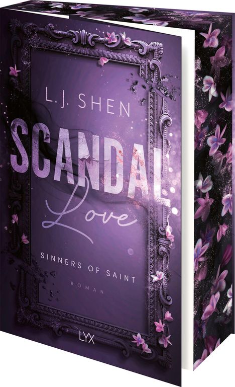 Ein Buchumschlag in Violett mit verzierter Blumengrafik, Text: "L.J. Shen, Scandal Love, Sinners of Saint, Roman, LYX".