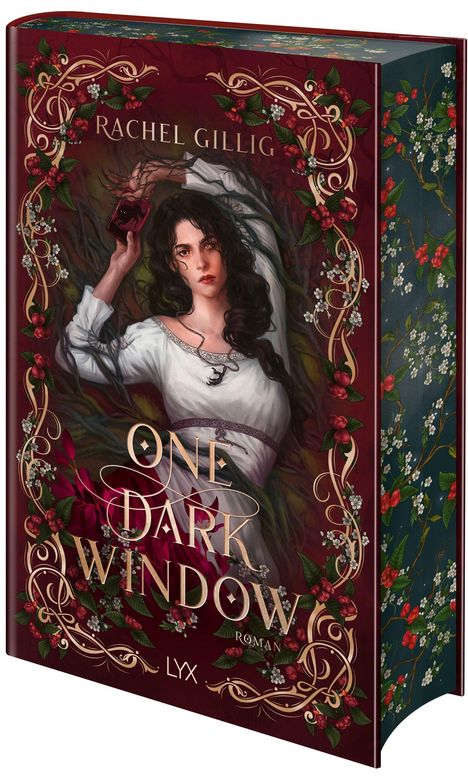 "Rachel Gillig, One Dark Window, Roman, LYX." Frau mit langem Haar hält ein dunkles Fläschchen, umgeben von floralem Rahmen.