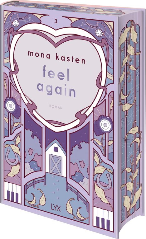 „Mona Kasten, feel again, Roman, LYX“. Farbige Illustration mit Herz, Pflanzen, Kamera und Hufeisen.