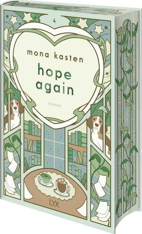 Text: "mona kasten hope again ROMAN LYX."  
Illustration: Herzform mit Pflanzen, Bücherregale, zwei Hunde, Kaffeetassen auf einem Tisch.
