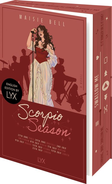 Maisie Bell, "Scorpio Season" Tourdaten. Frau im roten Kleid singt. Silhouetten von Musikern im Hintergrund.