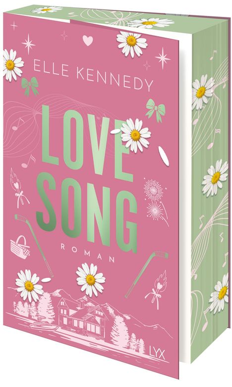 „Elle Kennedy LOVE SONG ROMAN“. Rosa Cover mit Gänseblümchen und Musiksymbolen, Berge und Haus gezeichnet.