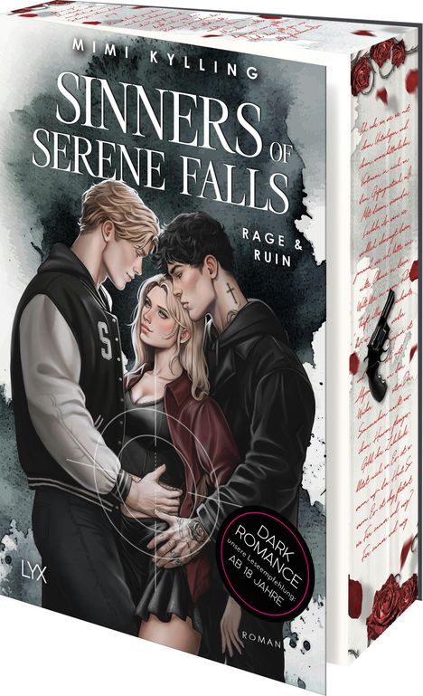 Text: "Mimi Kylling, Sinners of Serene Falls, Rage & Ruin, Dark Romance ab 18 Jahren." Illustration: Drei junge Menschen in naher Umarmung.