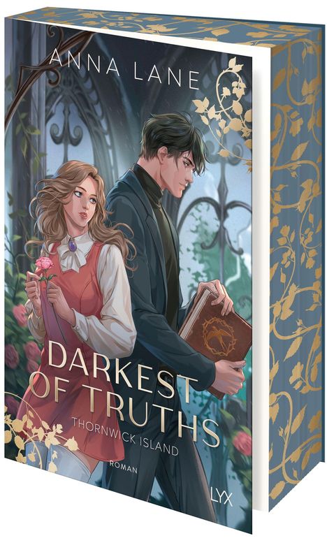 „Darkest of Truths: Thornwick Island“ von Anna Lane. Zwei Personen, eine Frau mit Blume, ein Mann mit Buch, stehen nebeneinander.