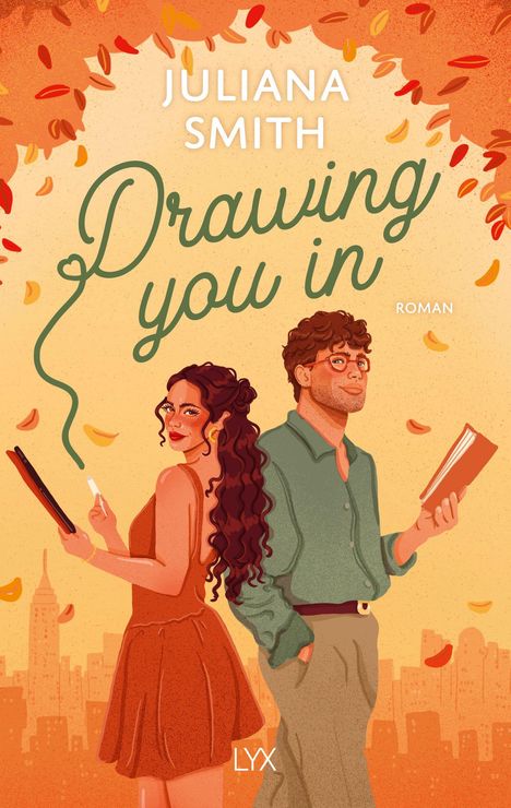 Der Titel lautet "Drawing You In". Darunter steht "Roman". Eine Frau mit rotem Kleid, lockigem Haar, ein Mann mit Brille.