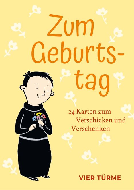 "Zum Geburtstag. 24 Karten zum Verschicken und Verschenken. VIER TÜRME." Illustration: Kind hält Blumenstrauß.
