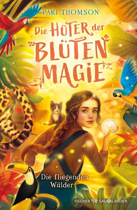 "Die Hüter der Blütenmagie. Die fliegenden Wälder." Ein Mädchen hält eine leuchtende Kugel, umgeben von Tieren und Pflanzen.