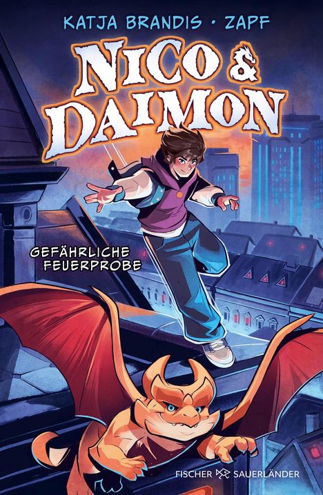 Titel: "Nico & Daimon". Untertitel: "Gefährliche Feuerprobe". Illustration eines Jungen mit Gargoyle auf einem Dach.
