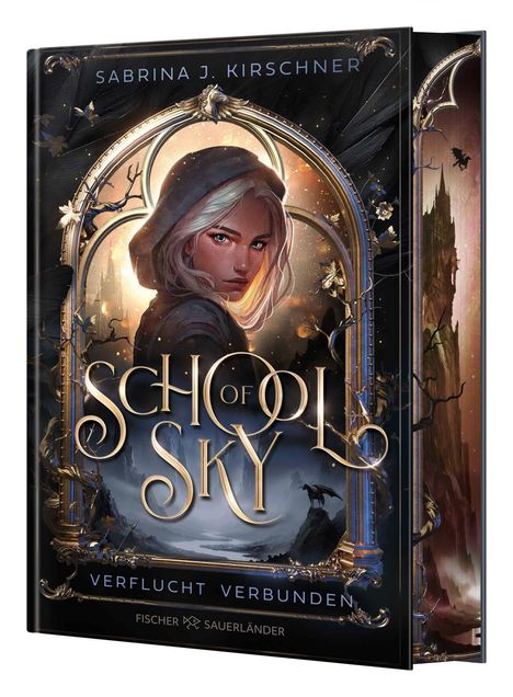 „Sabina J. Kirschner“ oben, „School of Sky“ in der Mitte, „Verflucht Verbunden“ unten; Illustration: Person in mittelalterlichem Bogen.