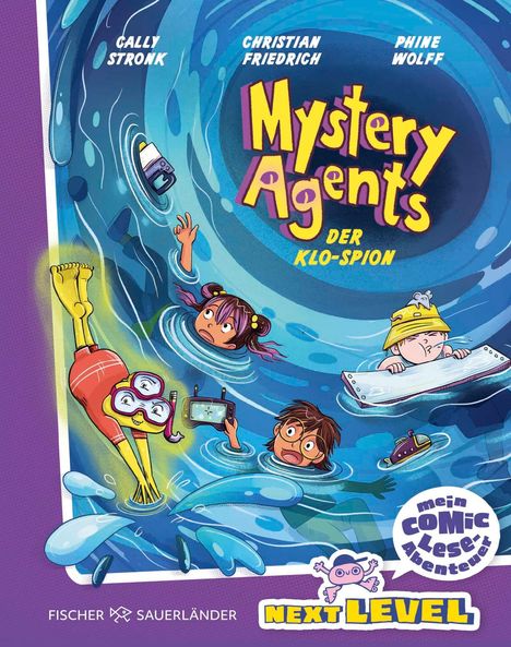 „Mystery Agents - Der Klo-Spion“. Comicstil, vier Kinder in einem Strudel. Fröhliches, buntes Design mit Wasser und Gegenständen.