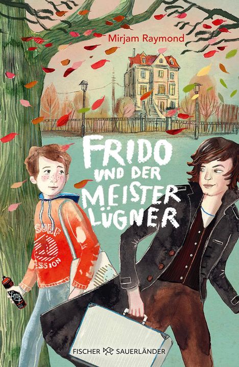 Texte: "Frido und der Meisterlügner", "Mirjam Raymond". Zwei Jungen unter einem Baum, Herbstblätter, ein großes Haus im Hintergrund.