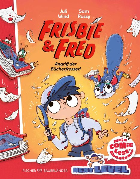 Texte: Juli Wind, Sam Rassy, Frisbie & Fred, Angriff der Bücherfresser!, mein COMIC Lese Abenteuer, NEXT LEVEL.  
Illustration: Junge mit Lupe, Bücher, Tiere.
