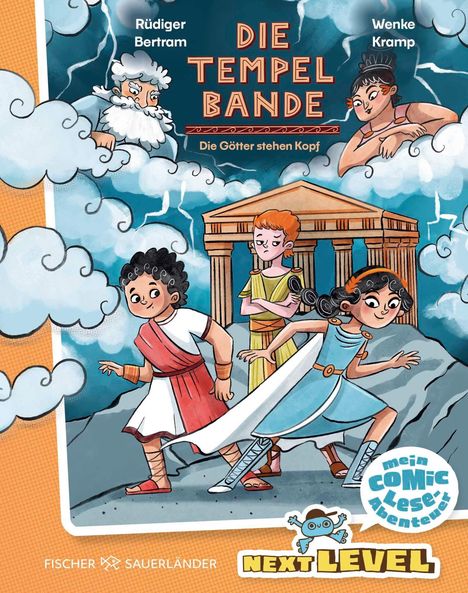 "Die Tempel Bande" und "Die Götter stehen Kopf" sind die Titel. Illustration: Kinder in antiker Kleidung vor einem Tempel.