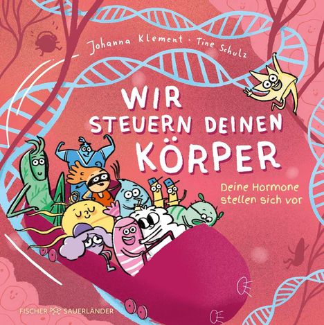 "Wir steuern deinen Körper. Deine Hormone stellen sich vor." Bunte Cartoon-Figuren in einer Achterbahn vor DNA-Motiven.